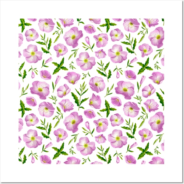 Pink evening primrose leaves and flowers pattern Wall Art by Stolenpencil